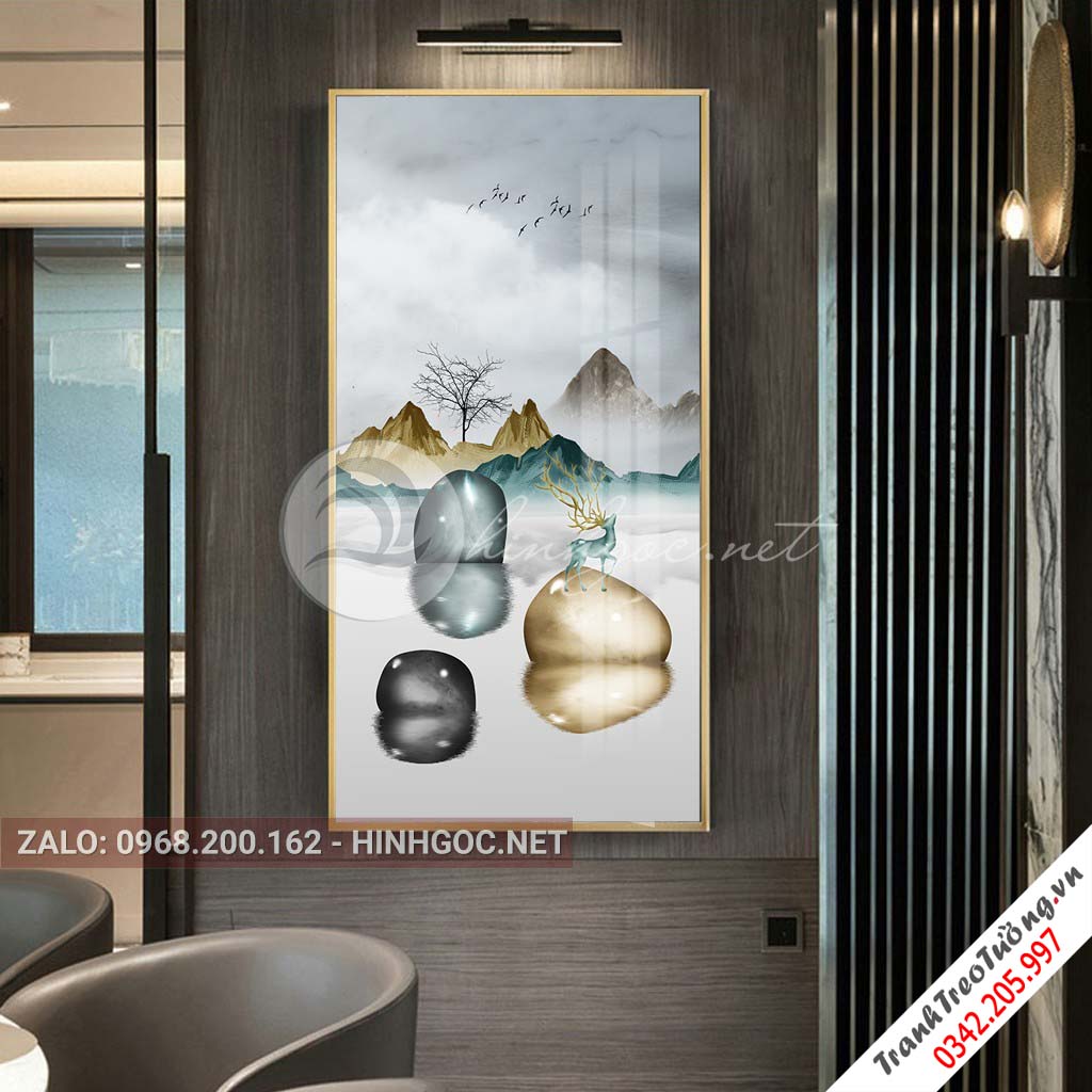 Tranh treo tường, hươu đứng trên đá cuội, cây-XG-4179