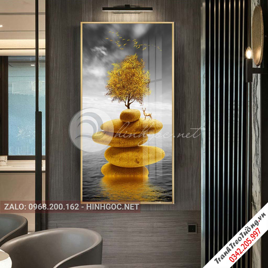 Tranh treo tường, hươu ngồi trên đá cuội, cây tuần lộc vàng-XG-4181