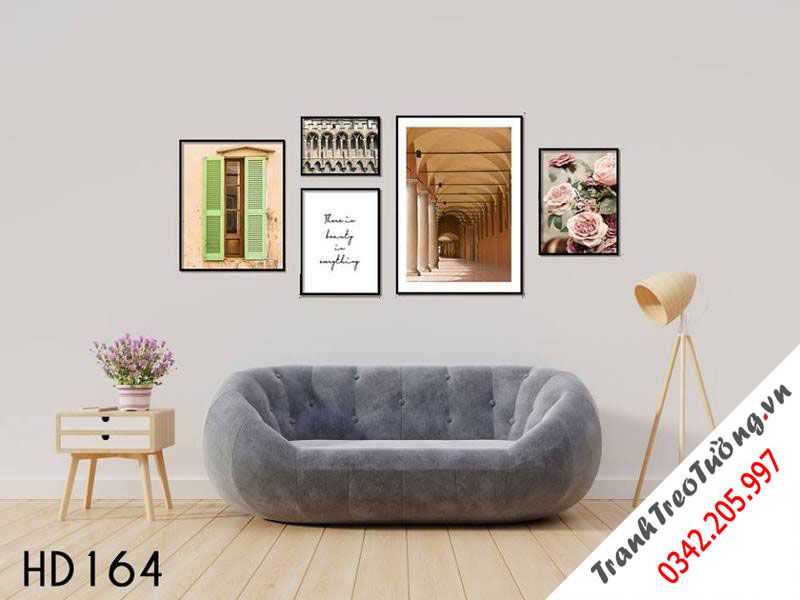 Bộ 5 Tranh Hành Lang, Khung Cửa Sổ, Hoa Nở Và Quotes