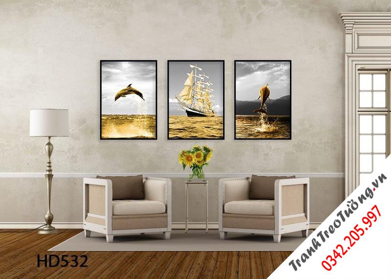 Bộ 3 Tranh Cá Heo Và Cánh Buồm Vàng