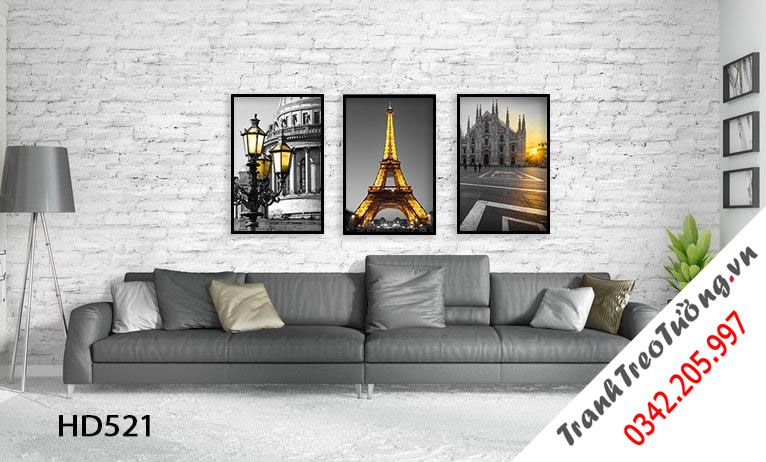 Bộ 3 Tranh Tháp Eiffel Và Khu Nhà Cổ Điển