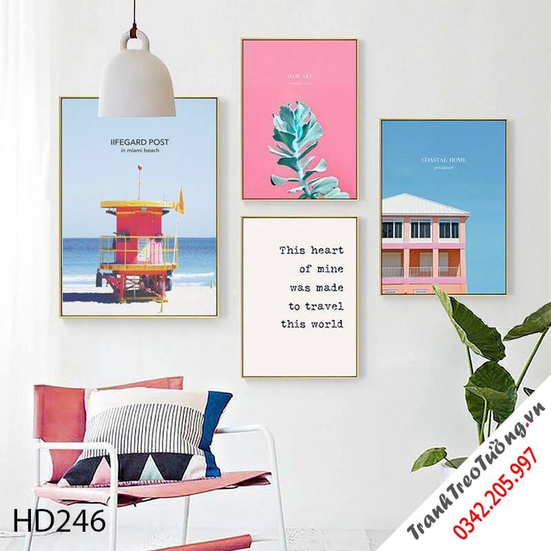 Bộ 4 Tranh Biển, Nhành Cây, Ngôi Nhà Và Quotes