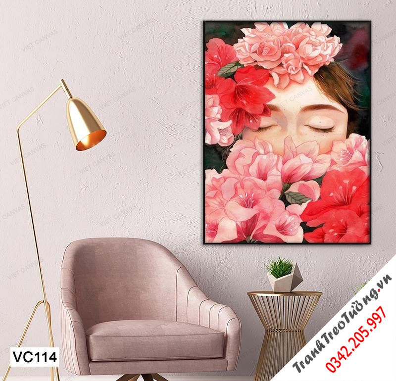 Tranh Nàng Kiều Nữ E Ấp Dưới Hoa