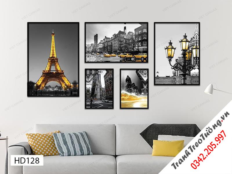 Bộ 5 Tranh Thành Phố Paris Dưới Ánh Đèn
