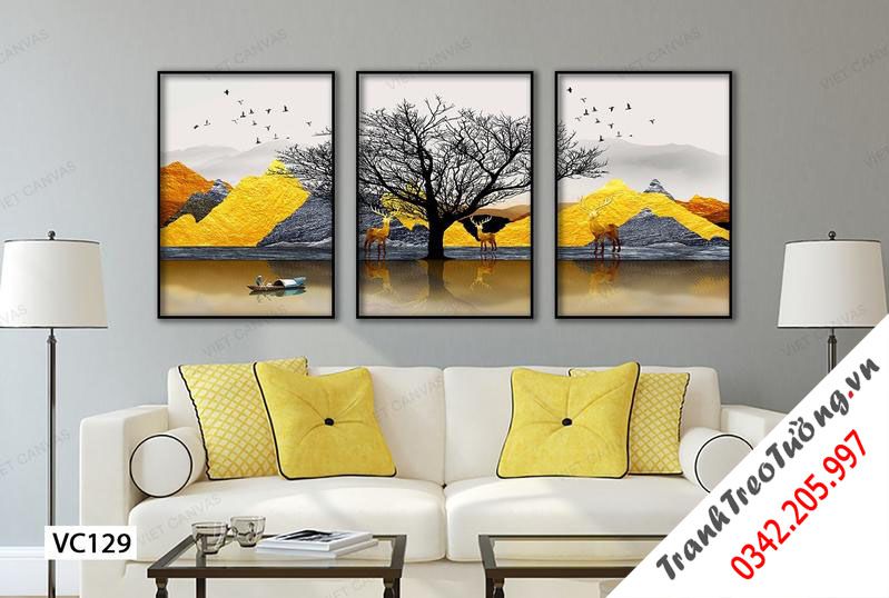 Bộ 3 Tranh Cây Cô Đơn Giữa Bầy Hươu Bên Bờ Sông