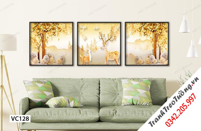 Bộ 3 Tranh Hai Chú Hươu Ngơ Ngác Giữa Rừng Cây