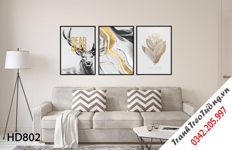 Bộ 3 Tranh Hươu Và Trừu Tượng Tam Sắc