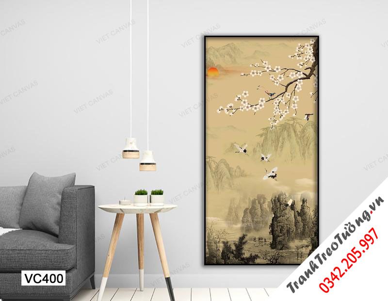 Tranh Đàn Chim Và Cành Đào Trên Núi