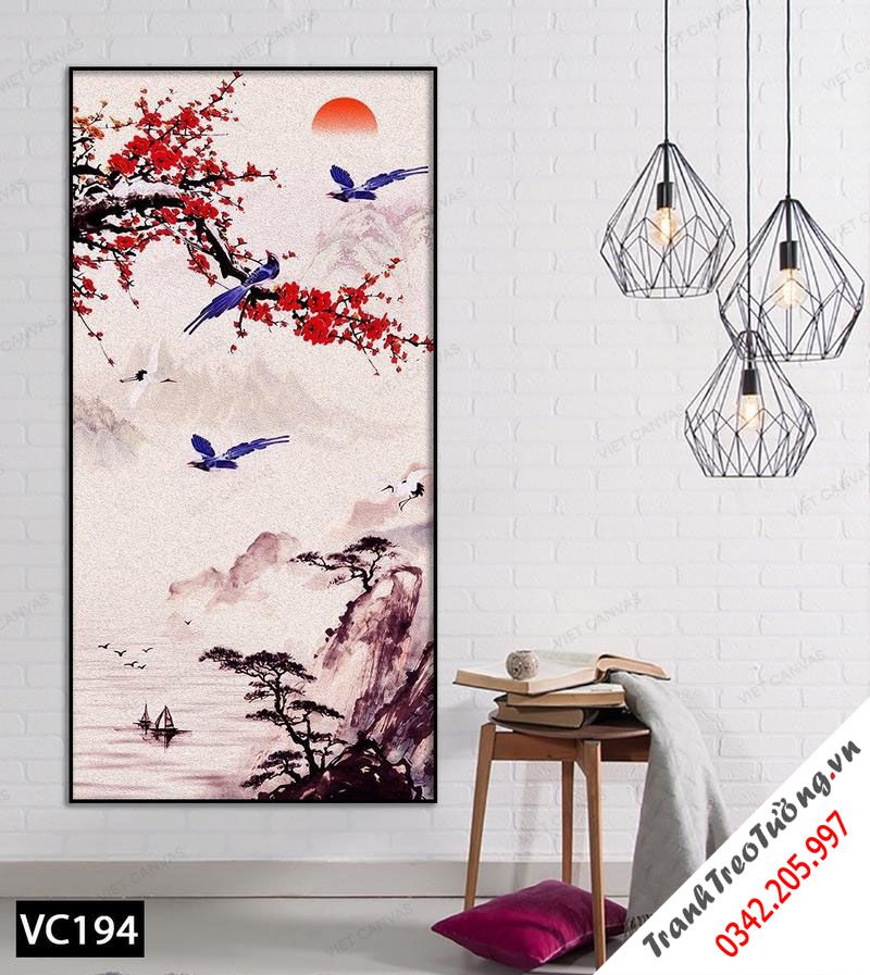 Tranh Chim Bay Lượn và Đậu Trên Cây Giữa Sông Núi