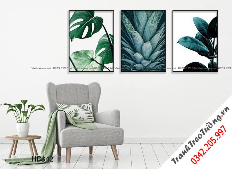 Bộ 3 Tranh Lá Xanh Tươi Mát Và Quả Dứa