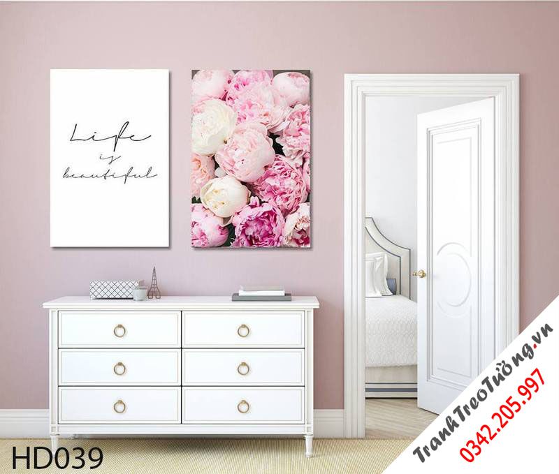 Bộ 2 Tranh Hoa Và Quotes Life Beautiful