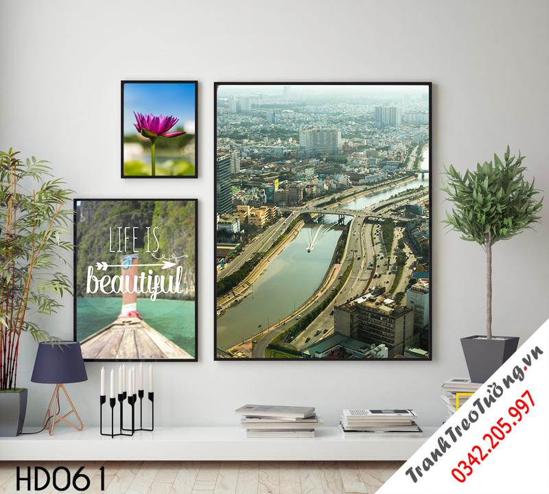 Bộ 3 Tranh Hoa Súng, Khung Cảnh Thành Phố Và Quotes Life Is Beautiful