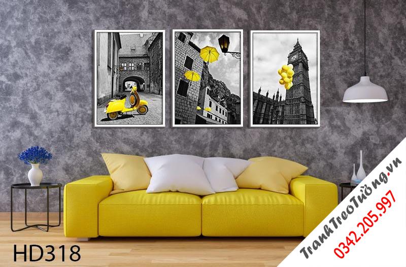 Bộ 3 Tranh Chiếc Ô, Xe Máy Và Những Quả Bong Bóng Bên Khu Phố