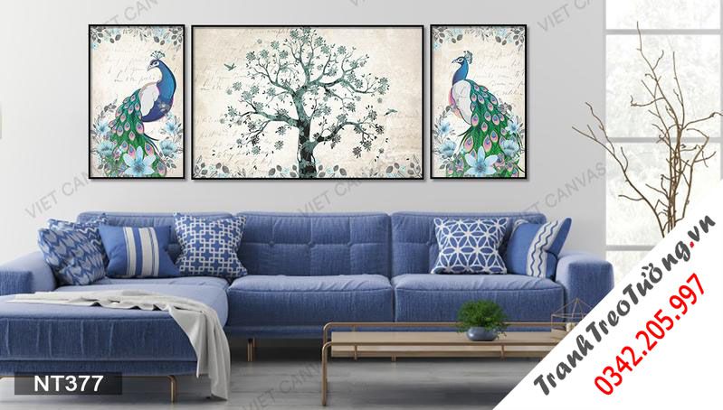 Bộ 3 Tranh Đôi Chim Công Và Cây Hoa