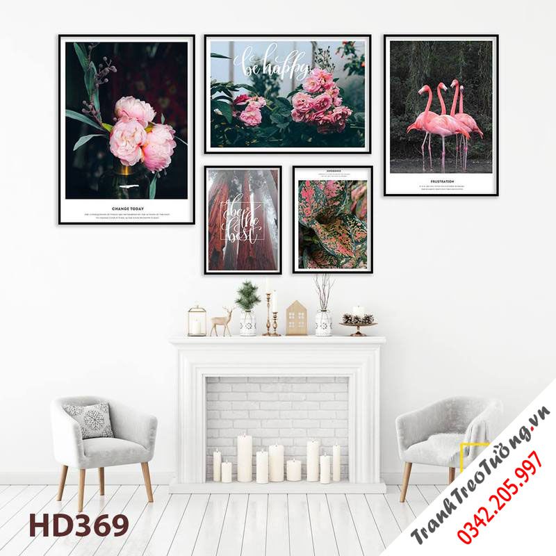 Bộ 5 Tranh Hồng Hạc Và Mẫu Đơn