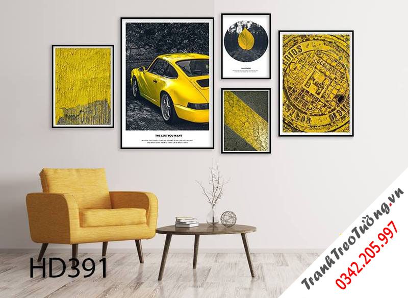 Bộ 5 Tranh Xe, Chiếc Lá Và Bức Tường Vàng