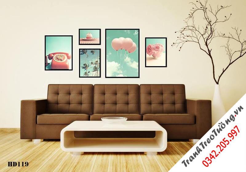 Bộ 5 Tranh Cây, Điện Thoại, Chiếc Bánh, Bong Bóng Và Hoa Hồng