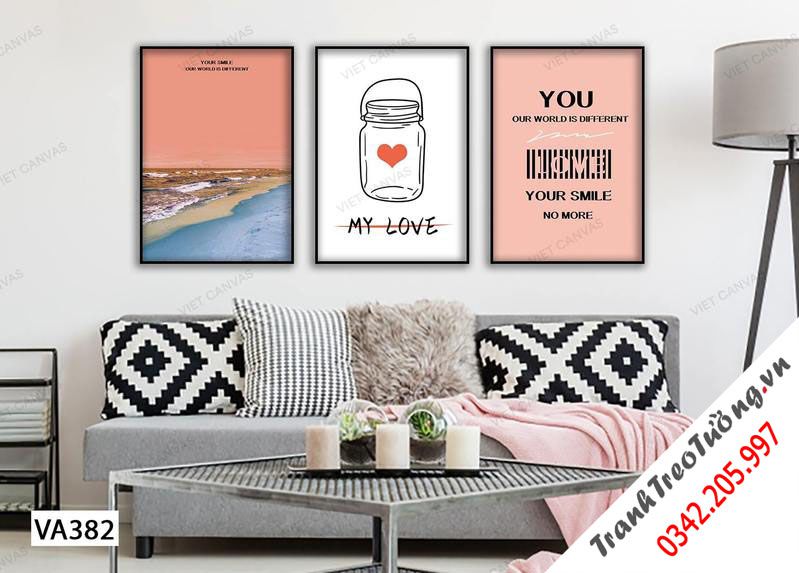 Bộ 3 Tranh Lọ Đựng Tình Yêu, Bãi Biển Và Quotes