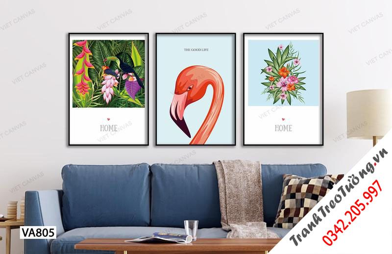 Bộ 3 Tranh Sắc Màu Hoa Lá Và Hồng Hạc