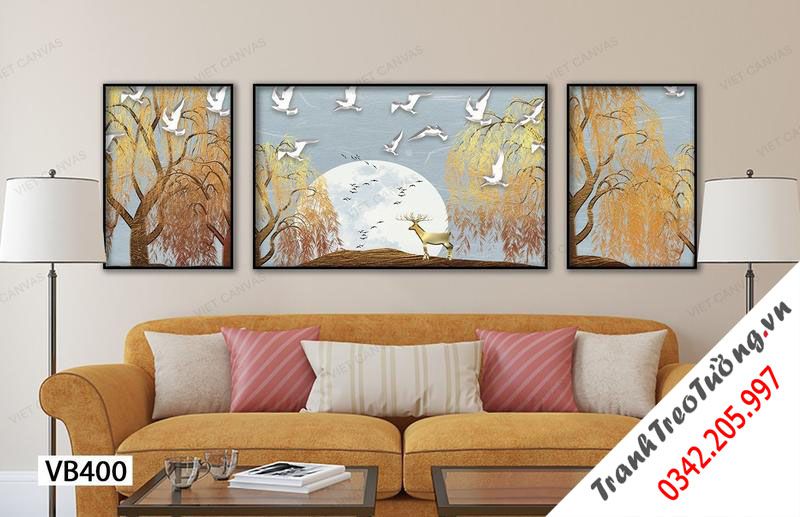 Bộ 3 Tranh Ánh Trăng, Cây, Chim Và Hươu
