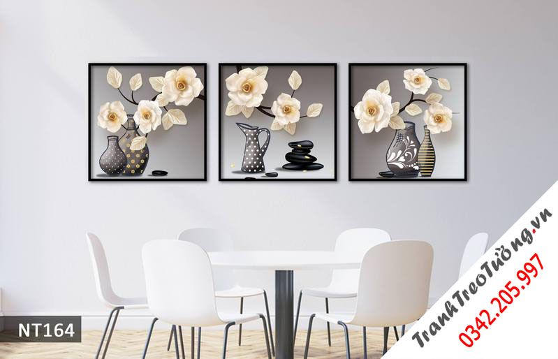 Bộ 3 Tranh Bình Hoa Trắng Nhẹ Nhàng