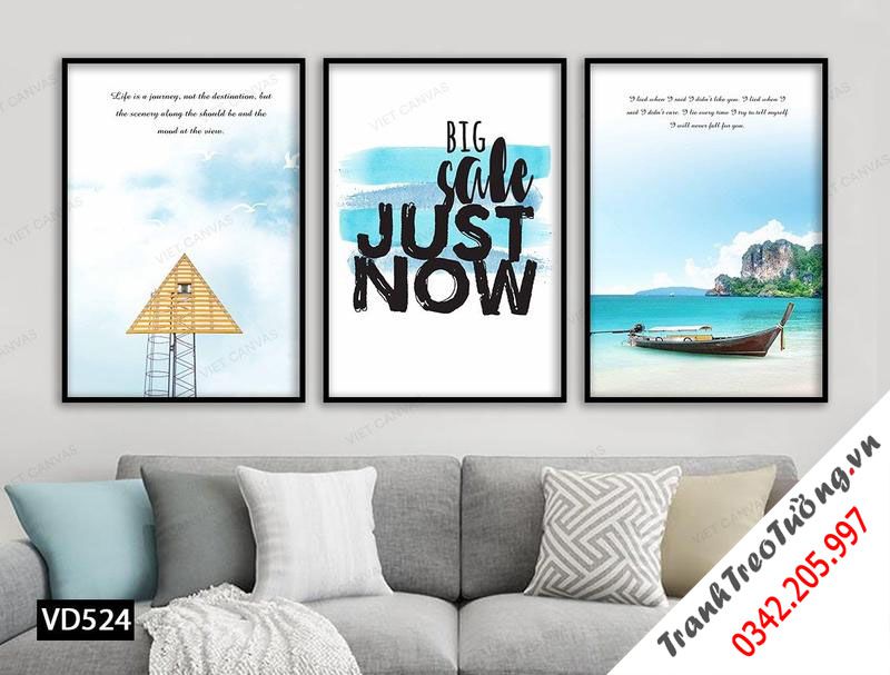 Bộ 3 Tranh Cảnh Biển Trời Bao La, Bầu Trời Chim Bay Và Quotes