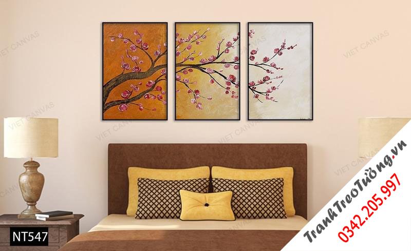 Bộ 3 Tranh Cành Đào Khoe Sắc