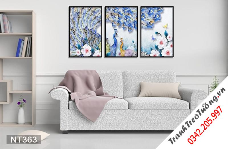 Bộ 3 Tranh Đôi Chim Công Sắc Xanh Bên Vườn Hoa Trắng