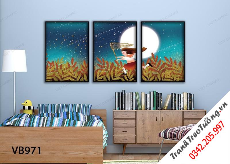 Bộ 3 Tranh Bé Gái Đuổi Bắt Đom Đóm
