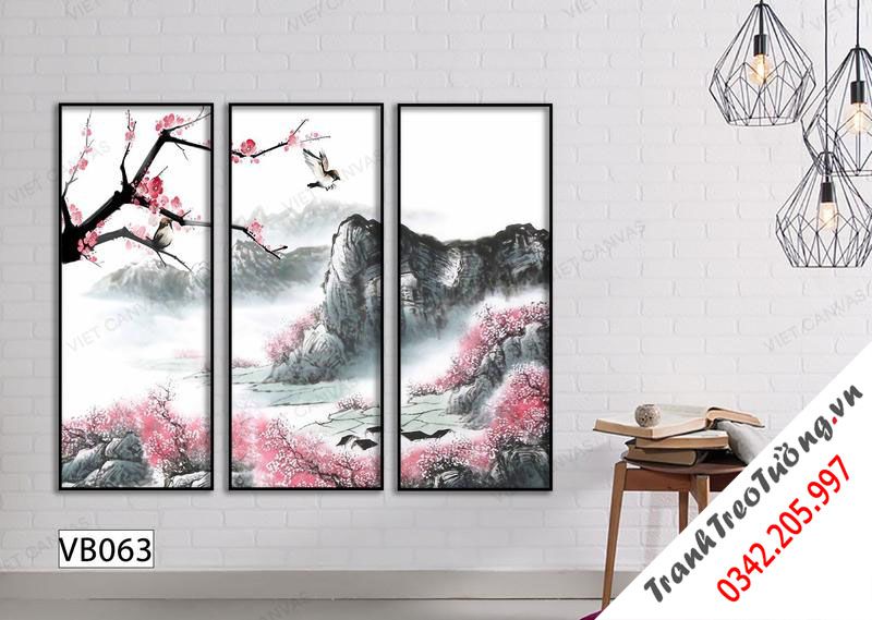 Bộ 3 Tranh Hoa Đào Và Núi Đá
