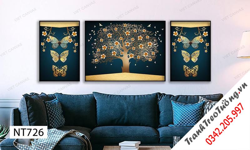 Bộ 3 Tranh Cây Hoa Và Bướm