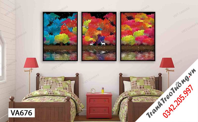 Bộ 3 Tranh Hươu Trong Rừng Cây Lá Sắc Màu