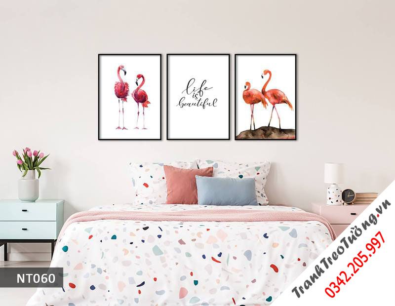 Bộ 3 Tranh Hồng Hạc Và Quotes Life Is Beautiful