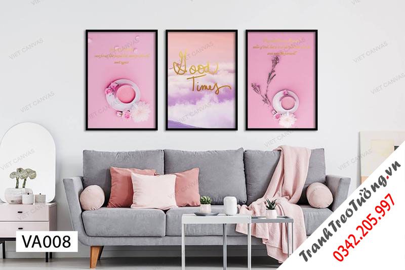 Bộ 3 Tranh Tách Trà Hồng Và Đám Mây Trắng