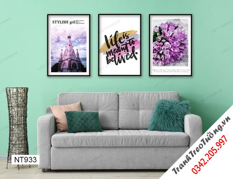 Bộ 3 Tranh Tòa Lâu Đài, Hoa Tím Và Quotes