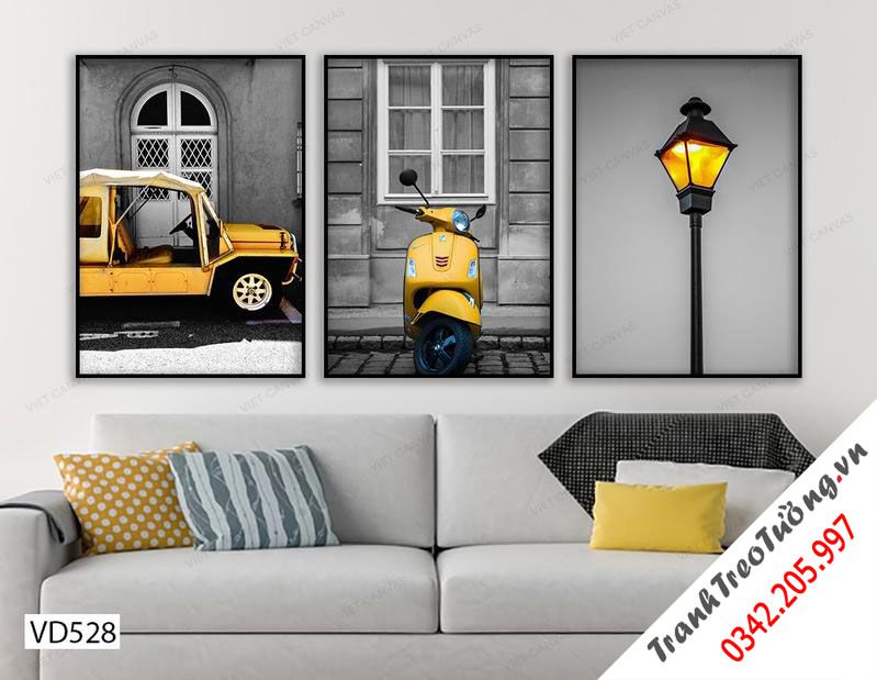 Bộ 3 Tranh Xe Cộ Và Đèn Đường Sắc Vàng