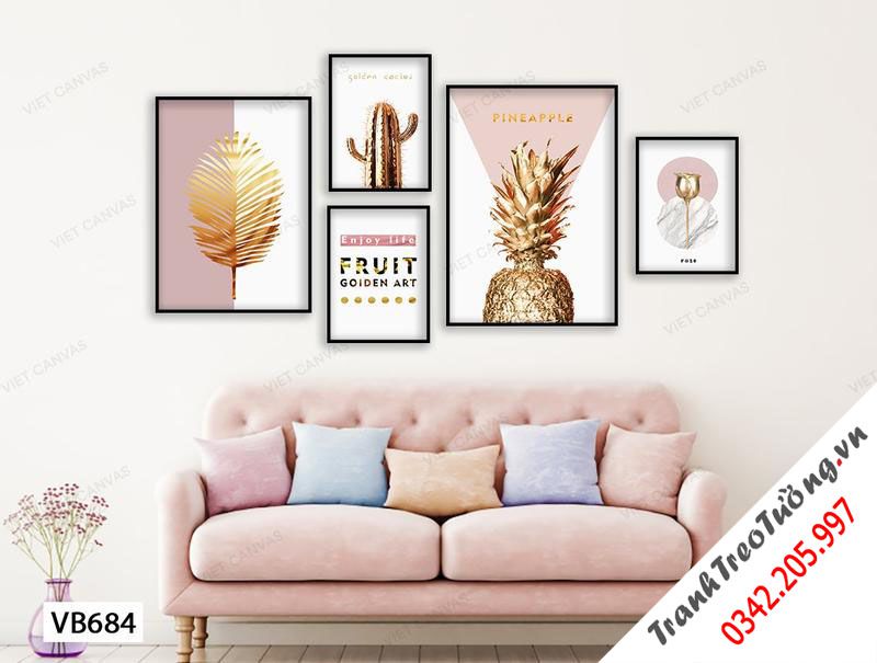 Bộ 5 Tranh Lá Cây, Xương Rồng, Trái Dứa, Hoa Hồng Và Quotes