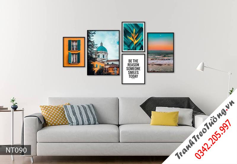 Bộ 5 Tranh Biển Cả, Lá Cây, Khung Cửa Sổ, Khu Phố Và Quotes
