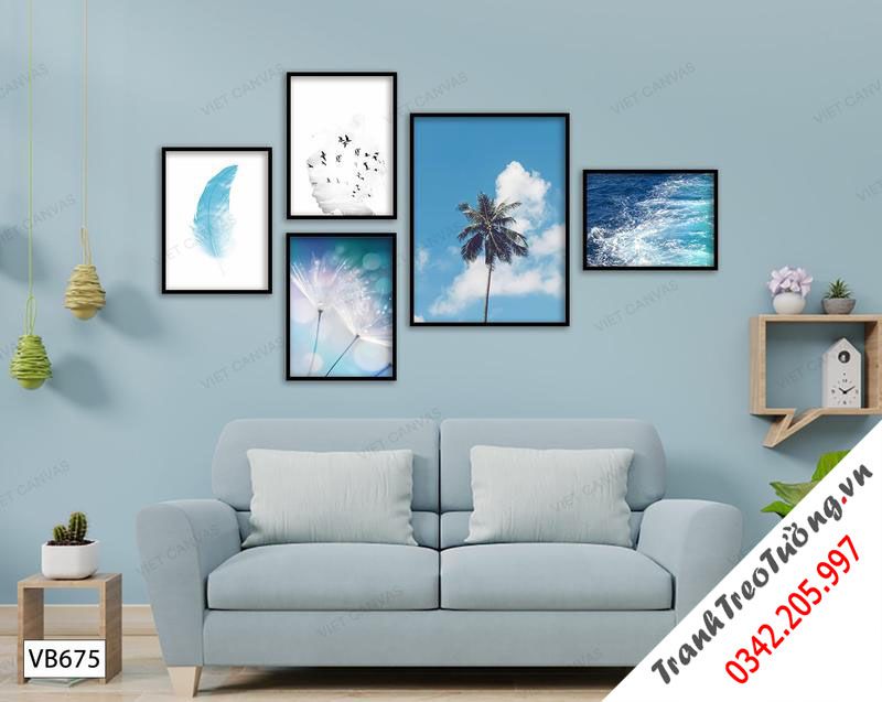 Bộ 5 Tranh Bông Hoa, Lông Vũ, Biển Và Bầu Trời Xanh