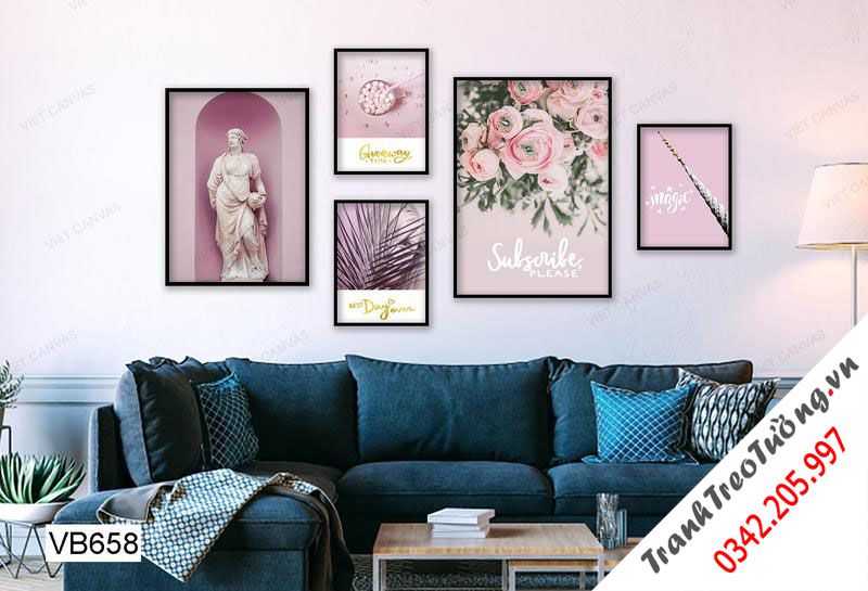 Bộ 5 Tranh Bức Tượng, Hoa Hồng, Hoa Lá Và Những Viên Đá