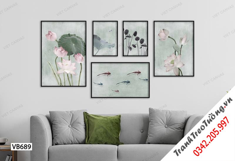Bộ 5 Tranh Hồ Sen Và Cá Tung Tăng
