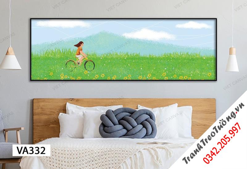 Tranh Đạp Xe Trên Đồng Cỏ Xanh