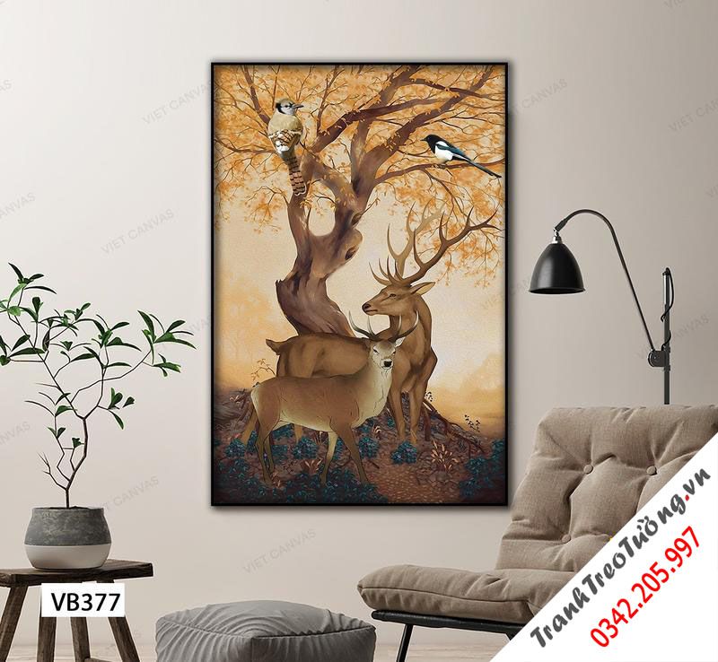 Tranh Hươu Và Chim Bên Gốc Cây